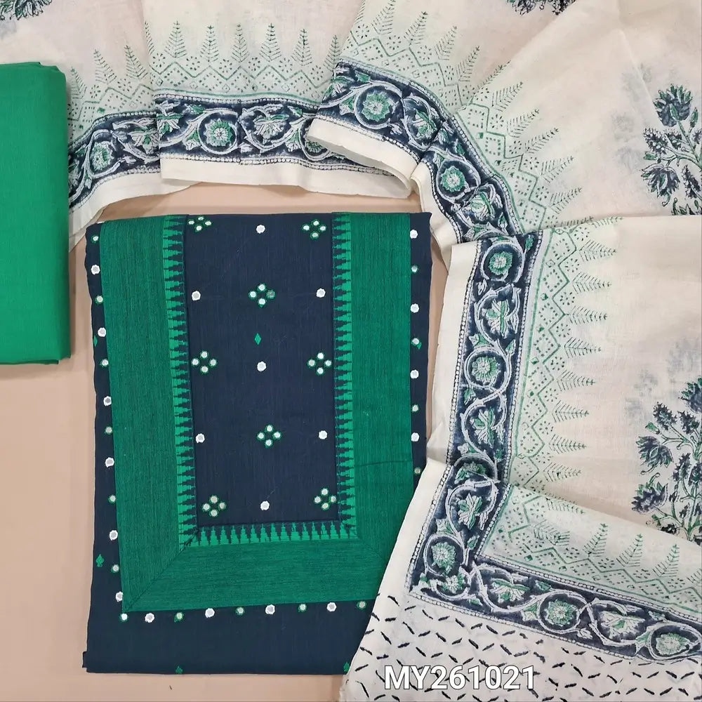 Dark blue premium handloom cotton unstitched salwar material,faux mirror work on yoke,thread woven all over,(lining needed)turquoise green cotton bottom,hand block printed cotton dupatta. MY261021