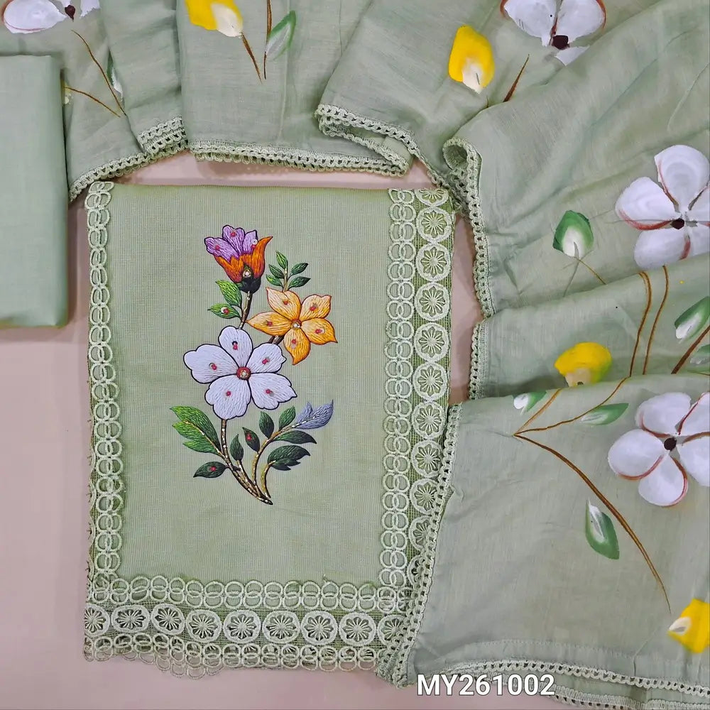 Pastel green accord cotton unstitched salwar material,embroidery,panel design, 3D printed with cut bead and lace work on front (lining needed)cotton bottom,brush paint work on mul cotton dupatta. MY261002