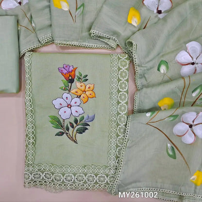 Pastel green accord cotton unstitched salwar material,embroidery,panel design, 3D printed with cut bead and lace work on front (lining needed)cotton bottom,brush paint work on mul cotton dupatta. MY261002