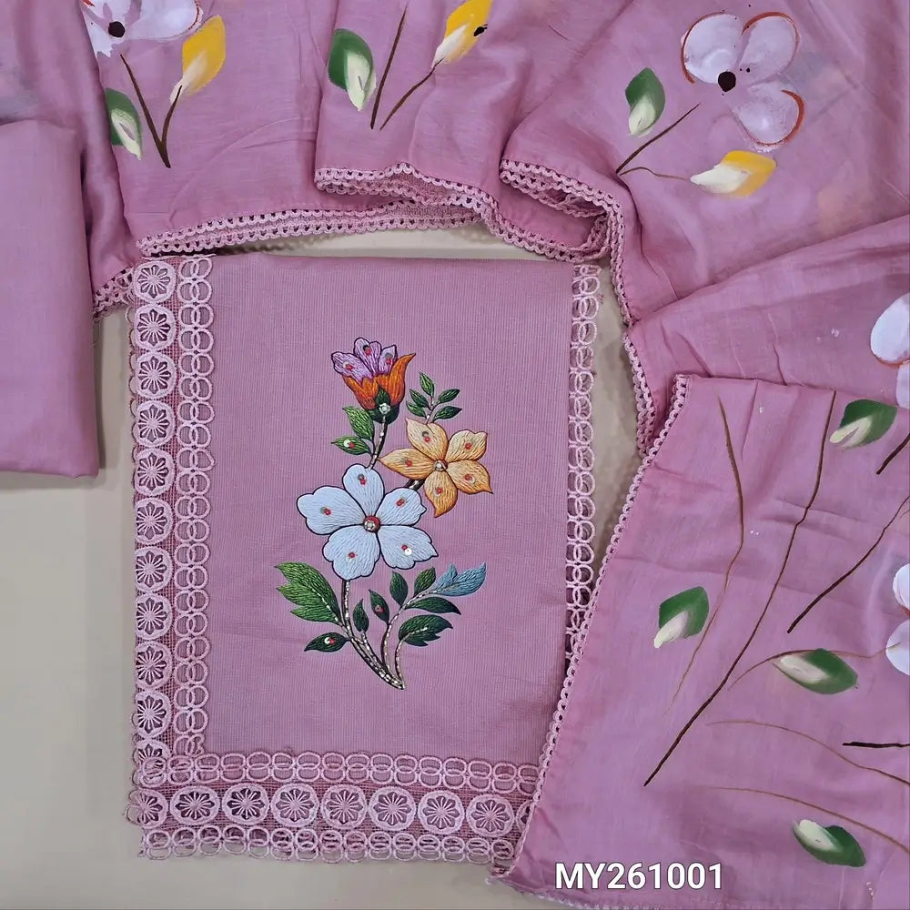 Pastel pink accord cotton unstitched salwar material,embroidery,panel design, 3D printed with cut bead and lace work on front (lining needed)cotton bottom,brush paint work on mul cotton dupatta. MY261001