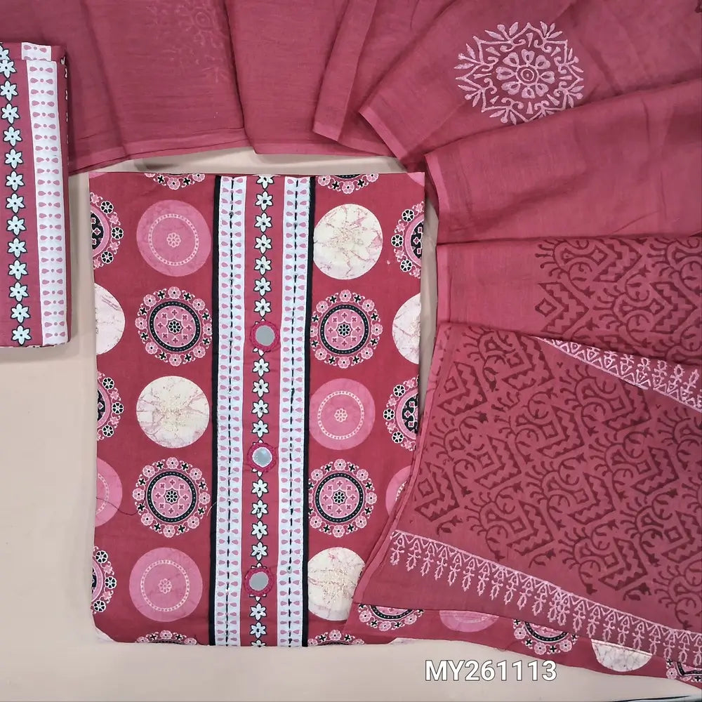 Dark pink ajrak Printed pure soft cotton unstitched salwar material(lining needed) real mirror work on yoke, printed cotton bottom, hand block printed soft mul cotton full length dupatta. MY261113