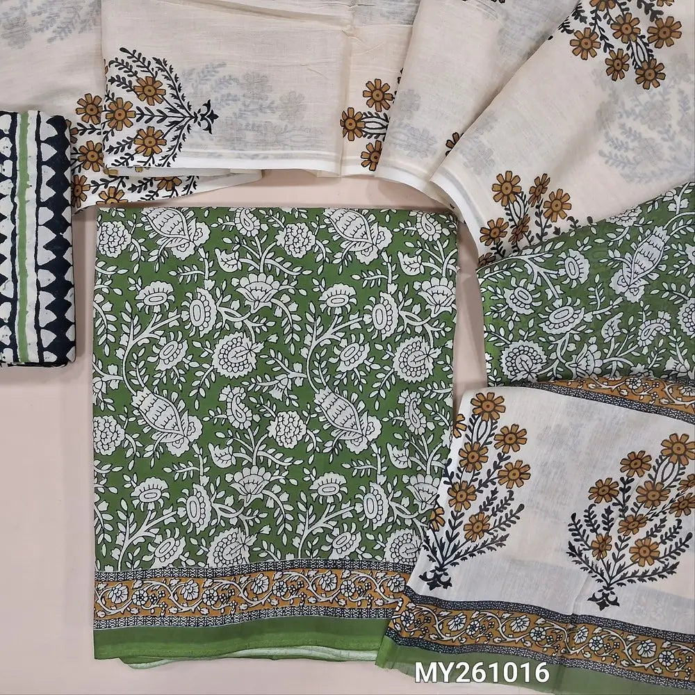 Leafy green hand block printed pure mul cotton unstitched salwar material, (lining needed) hand block printed cotton bottom,block printed full length mul cotton dupatta. (TAPING NEEDED, INCONSISTENT PRINTS ARE NOT DEFECTS) MY261016