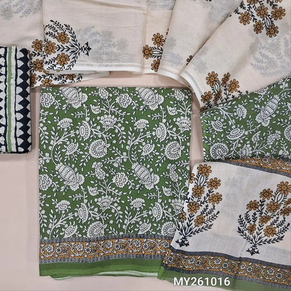 Leafy green hand block printed pure mul cotton unstitched salwar material, (lining needed) hand block printed cotton bottom,block printed full length mul cotton dupatta. (TAPING NEEDED, INCONSISTENT PRINTS ARE NOT DEFECTS) MY261016