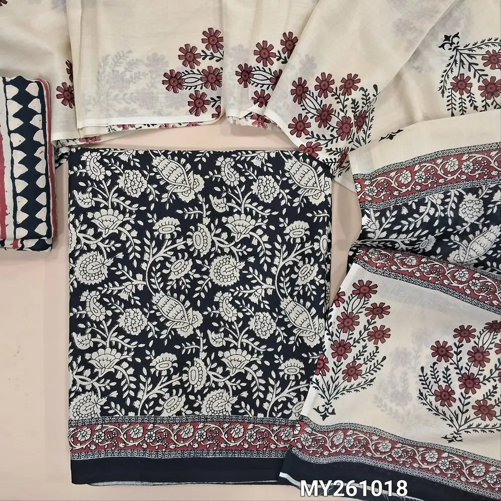 Black hand block printed pure mul cotton unstitched salwar material, (lining needed) hand block printed cotton bottom,block printed full length mul cotton dupatta. (TAPING NEEDED, INCONSISTENT PRINTS ARE NOT DEFECTS) MY261018
