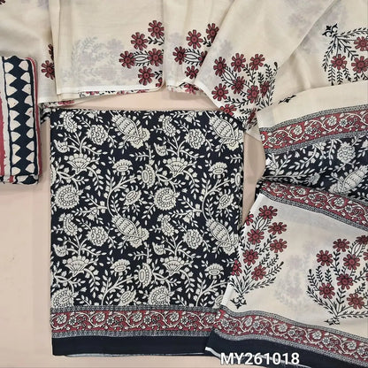 Black hand block printed pure mul cotton unstitched salwar material, (lining needed) hand block printed cotton bottom,block printed full length mul cotton dupatta. (TAPING NEEDED, INCONSISTENT PRINTS ARE NOT DEFECTS) MY261018