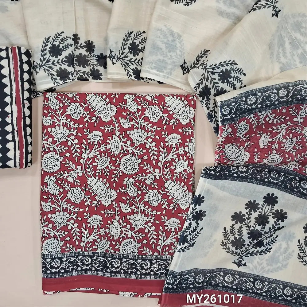 Maroon hand block printed pure mul cotton unstitched salwar material, (lining needed) hand block printed cotton bottom,block printed full length mul cotton dupatta. (TAPING NEEDED, INCONSISTENT PRINTS ARE NOT DEFECTS) MY261017