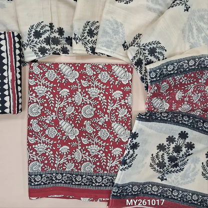 Maroon hand block printed pure mul cotton unstitched salwar material, (lining needed) hand block printed cotton bottom,block printed full length mul cotton dupatta. (TAPING NEEDED, INCONSISTENT PRINTS ARE NOT DEFECTS) MY261017