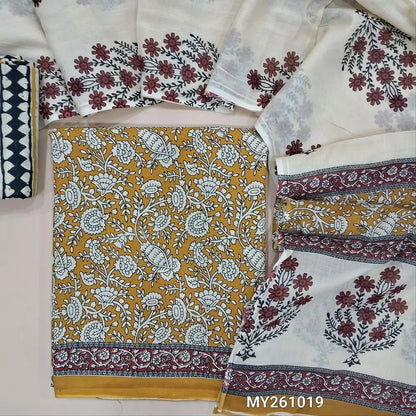 Mehandhi yellow hand block printed pure mul cotton unstitched salwar material, (lining needed) hand block printed cotton bottom,block printed full length mul cotton dupatta. (TAPING NEEDED, INCONSISTENT PRINTS ARE NOT DEFECTS) MY261019