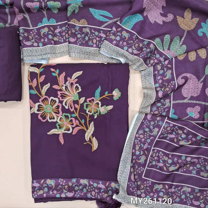 Purple shade liquid fabric unstitched salwar material (lining needed) embroidery work on front, matching liquid fabric bottom, printed mixed cotton dupatta. MY261120