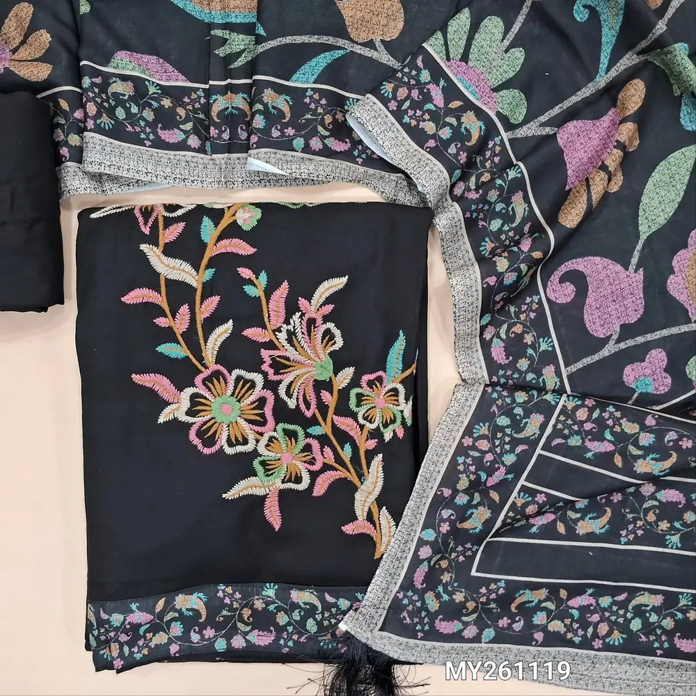 Black liquid fabric unstitched salwar material (lining needed) embroidery work on front, matching liquid fabric bottom, printed mixed cotton dupatta. MY261119