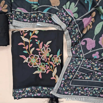 Black liquid fabric unstitched salwar material (lining needed) embroidery work on front, matching liquid fabric bottom, printed mixed cotton dupatta. MY261119