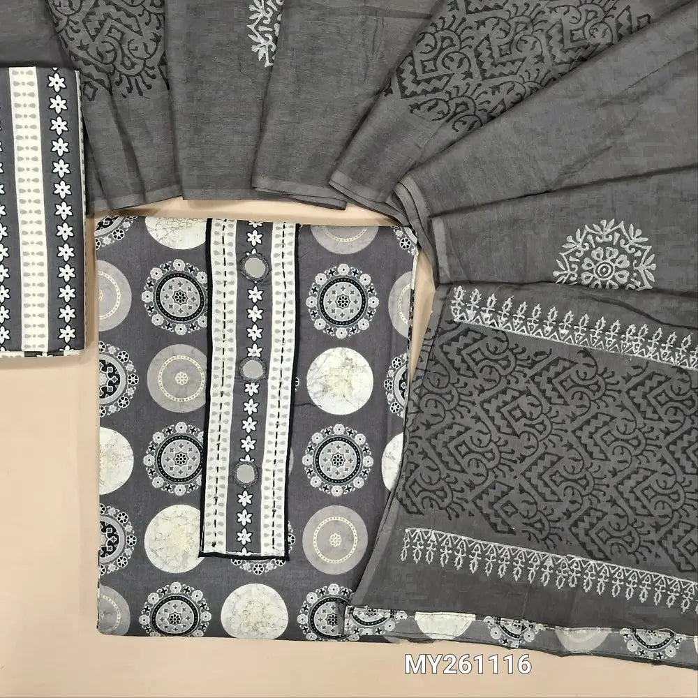 Grey ajrak Printed pure soft cotton unstitched salwar material(lining needed) real mirror work on yoke, printed cotton bottom, hand block printed soft mul cotton full length dupatta. MY261116