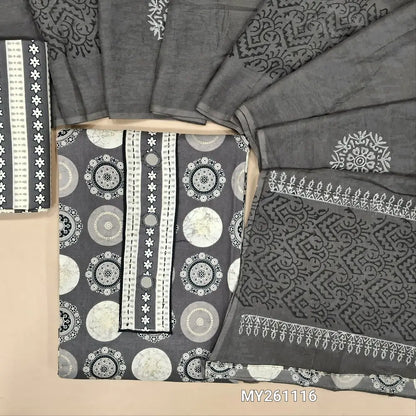 Grey ajrak Printed pure soft cotton unstitched salwar material(lining needed) real mirror work on yoke, printed cotton bottom, hand block printed soft mul cotton full length dupatta. MY261116