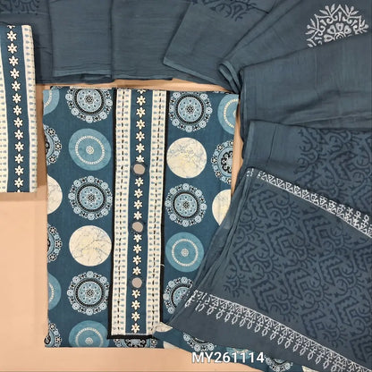 Blue shade ajrak Printed pure soft cotton unstitched salwar material(lining needed) real mirror work on yoke, printed cotton bottom, hand block printed soft mul cotton full length dupatta. MY261114