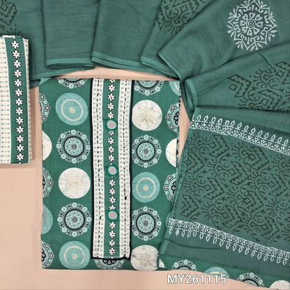Sage green ajrak Printed pure soft cotton unstitched salwar material(lining needed) real mirror work on yoke, printed cotton bottom, hand block printed soft mul cotton full length dupatta. MY261115
