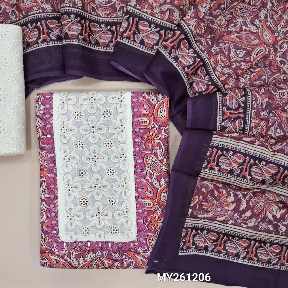 Pink shade printed premium cotton unstitched salwar material, embroidered, cut work on yoke(lining optional)embroidered cotton bottom,printed soft cotton full length dupatta. MY261206
