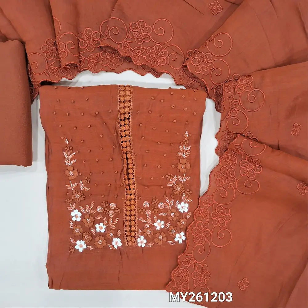 Rust orange mul chanderi unstitched salwar material,hand embroidery work and cut bead detailing( soft,lining needed)santoon bottom, self embroidery and cut work on mul chanderi dupatta. MY261203
