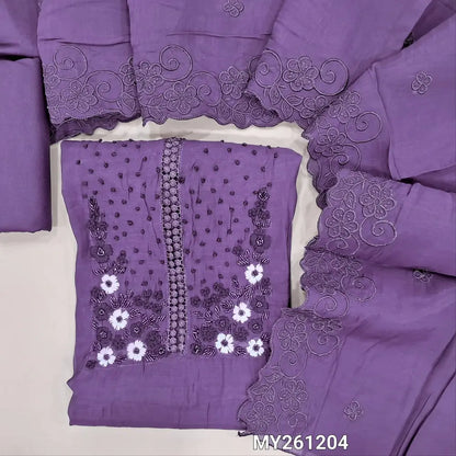 Dark purple mul chanderi unstitched salwar material,hand embroidery work and cut bead detailing( soft,lining needed)santoon bottom, self embroidery and cut work on mul chanderi dupatta. MY261204