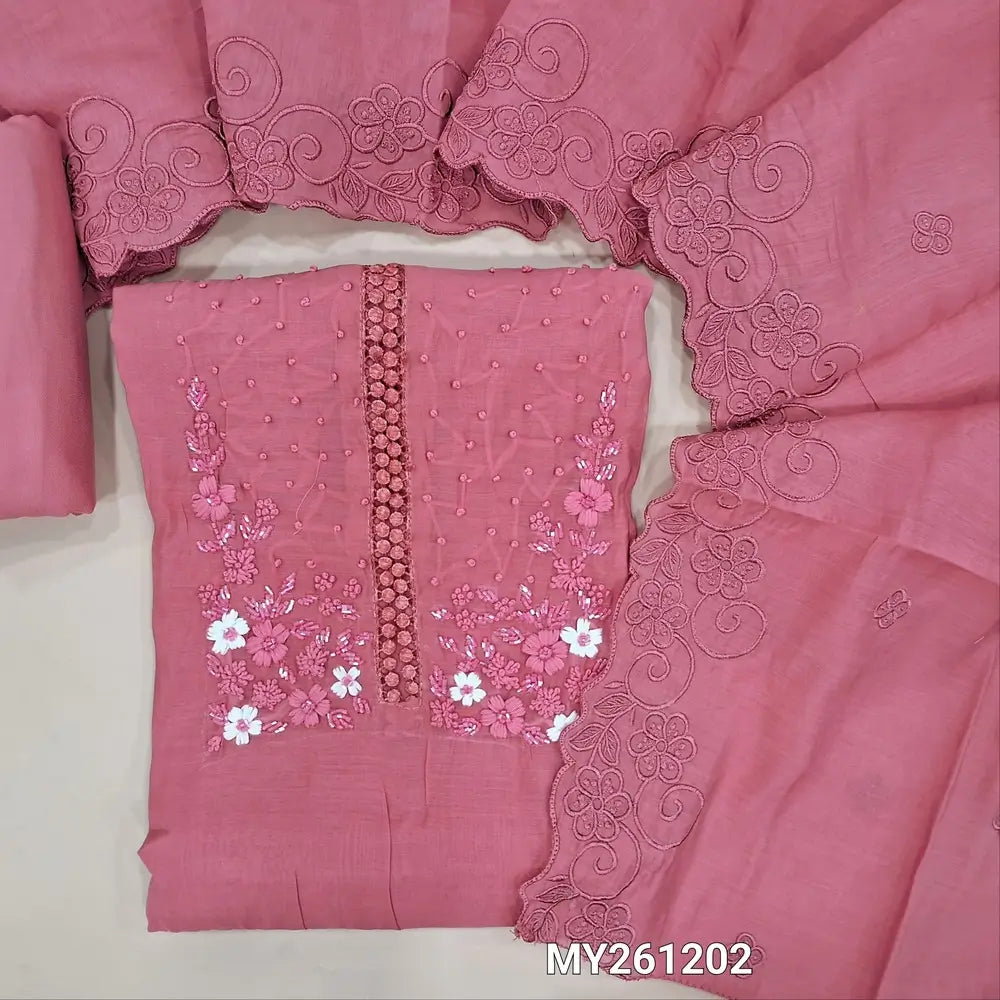 Pastel pink mul chanderi unstitched salwar material,hand embroidery work and cut bead detailing( soft,lining needed)santoon bottom, self embroidery and cut work on mul chanderi dupatta. MY261202