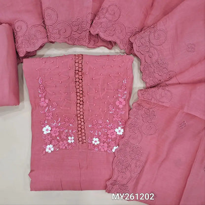 Pastel pink mul chanderi unstitched salwar material,hand embroidery work and cut bead detailing( soft,lining needed)santoon bottom, self embroidery and cut work on mul chanderi dupatta. MY261202