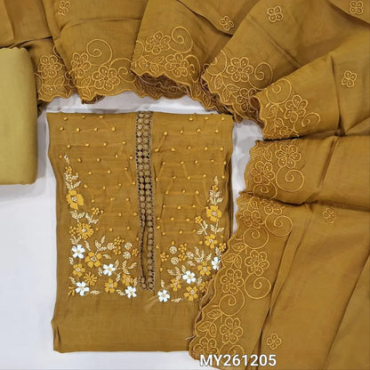 Bright mehandhi yellow mul chanderi unstitched salwar material,hand embroidery work and cut bead detailing( soft,lining needed)santoon bottom, self embroidery and cut work on mul chanderi dupatta. MY261205