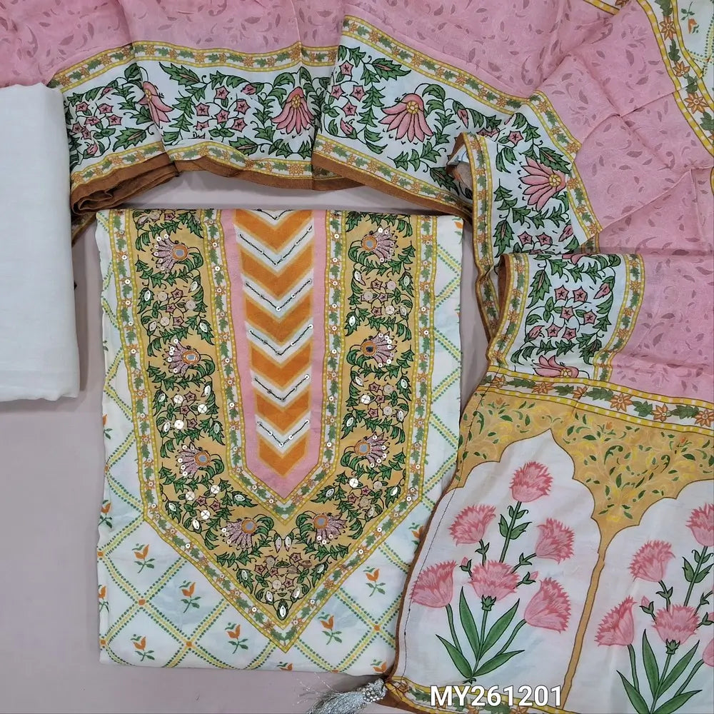 Off white base muslin silk unstitched salwar material,panel design,digital printed yoke with sequins, zari and real mirror work(lining needed)santoon bottom,digital printed muslin silk dupatta. MY261201