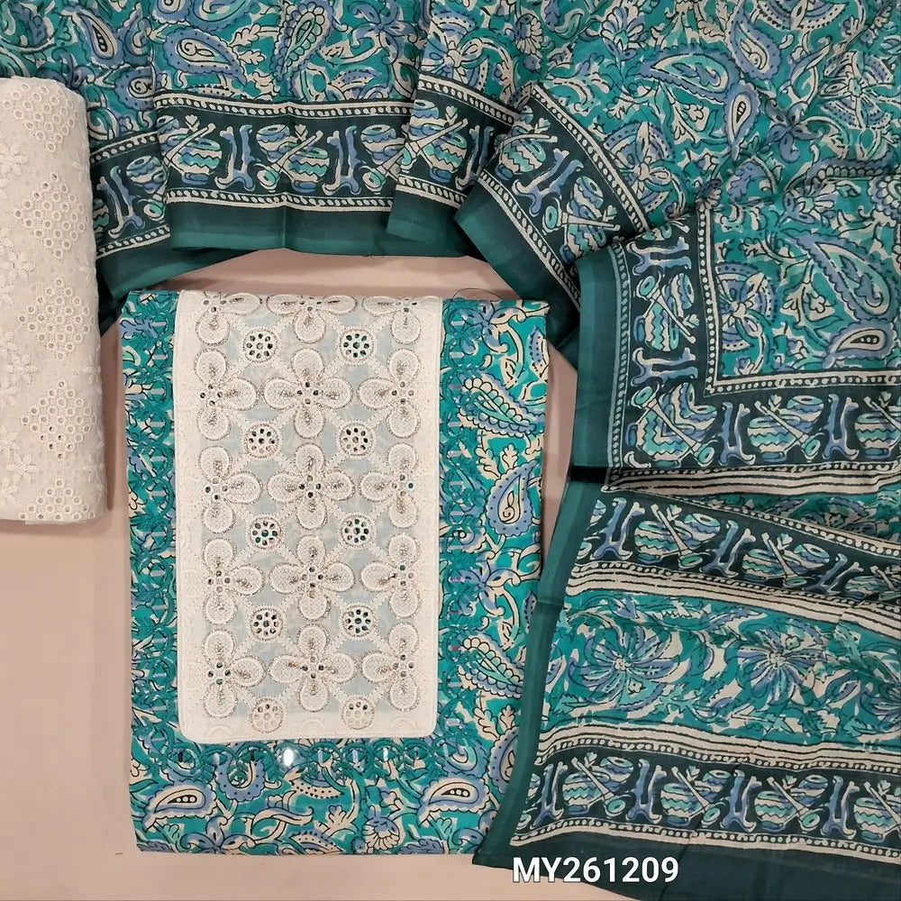 Turquoise blue printed premium cotton unstitched salwar material, embroidered, cut work on yoke(lining optional)embroidered cotton bottom,printed soft cotton full length dupatta. MY261209