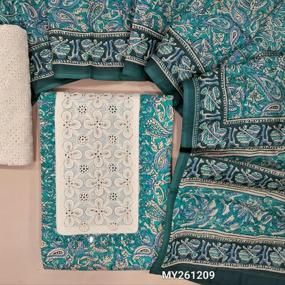 Turquoise blue printed premium cotton unstitched salwar material, embroidered, cut work on yoke(lining optional)embroidered cotton bottom,printed soft cotton full length dupatta. MY261209