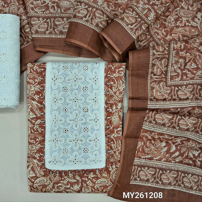 Brown shade printed premium cotton unstitched salwar material, embroidered, cut work on yoke(lining optional)embroidered cotton bottom,printed soft cotton full length dupatta. MY261208