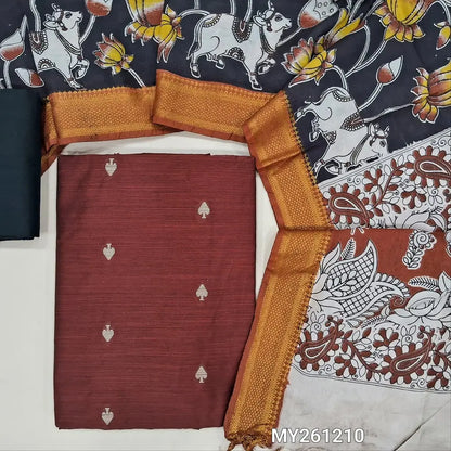 Dark maroon premium raw silk unstitched salwar material,warli,thread weaving buttas all over, (textured, Lining needed)black silk cotton bottom, pen kalamkari chennuri silk dupatta with nizam borders (INCONSISTENT STAINS ARE NOT DEFECTS). MY261210