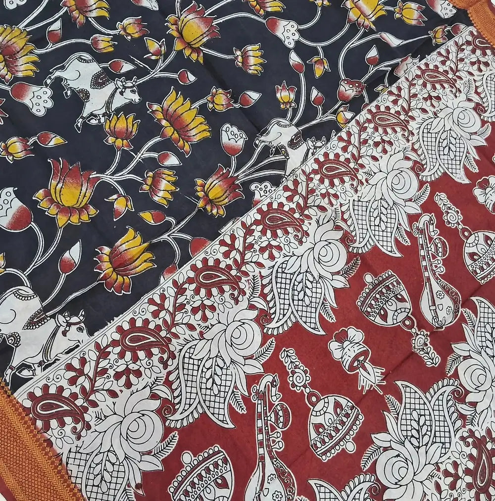 Dark maroon premium raw silk unstitched salwar material,warli,thread weaving buttas all over, (textured, Lining needed)black silk cotton bottom, pen kalamkari chennuri silk dupatta with nizam borders (INCONSISTENT STAINS ARE NOT DEFECTS). MY261210