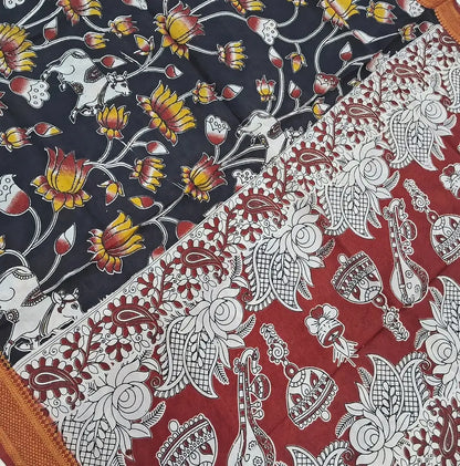 Dark maroon premium raw silk unstitched salwar material,warli,thread weaving buttas all over, (textured, Lining needed)black silk cotton bottom, pen kalamkari chennuri silk dupatta with nizam borders (INCONSISTENT STAINS ARE NOT DEFECTS). MY261210