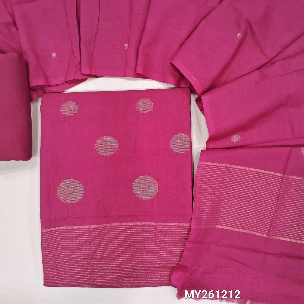 Bright pink jamdani woven premium handloom cotton unstitched salwar material,gold zari weaving on daman,(lining needed)cotton bottom,jamdani weaving handloom cotton dupatta. MY261212