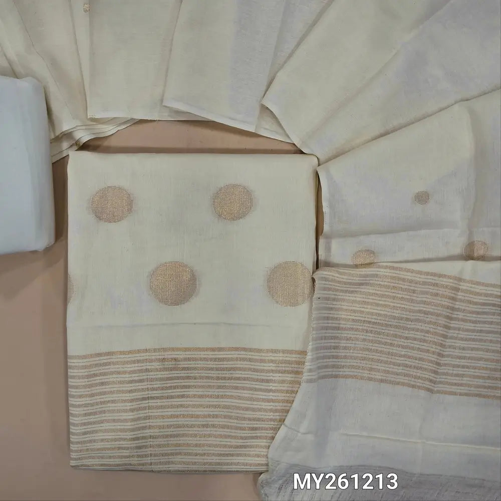 Off white jamdani woven premium handloom cotton unstitched salwar material,gold zari weaving on daman,(lining needed)cotton bottom,jamdani weaving handloom cotton dupatta. MY261213