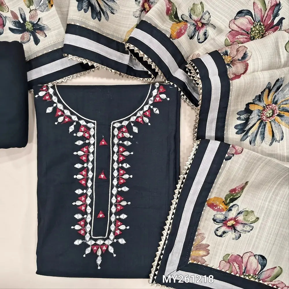 Black soft silk cotton unstitched salwar material (lining needed) real mirror work with yoke & front, printed daman borders, matching cotton bottom, floral printed premium crinkled silk cotton dupatta (TAPING NEEDED).MY261218
