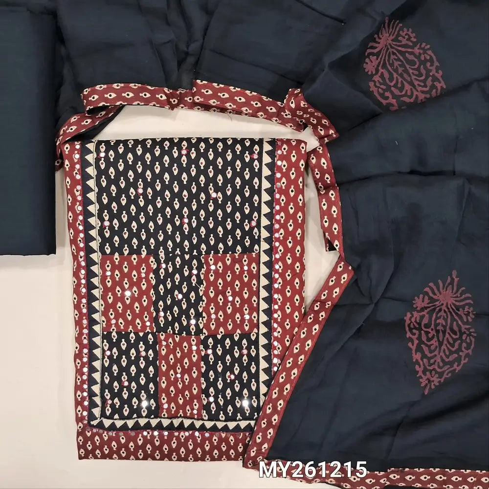 Maroon soft cotton unstitched salwar material(thin,lining optional) applique,faux mirror work on yoke, printed allover, black cotton bottom, hand block printed soft mul cotton full length dupatta(TAPING NEEDED).MY261215