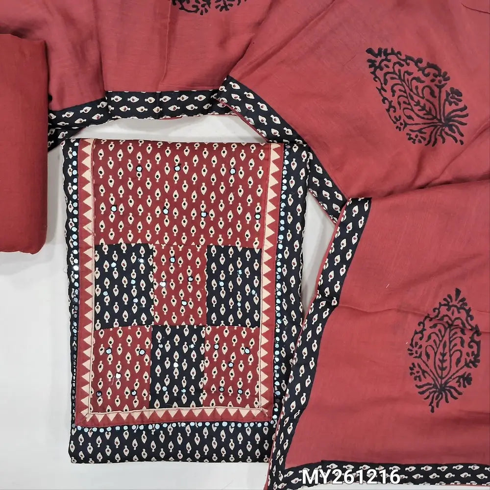 Black soft cotton unstitched salwar material(thin,lining optional) applique,faux mirror work on yoke, printed allover,maroon cotton bottom, hand block printed soft mul cotton full length dupatta(TAPING NEEDED).MY261216