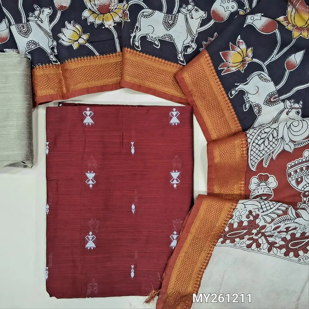 Dark maroon premium raw silk unstitched salwar material,warli,thread weaving buttas all over, (textured, Lining needed)beige silk cotton bottom, pen kalamkari chennuri silk dupatta with nizam borders (INCONSISTENT STAINS ARE NOT DEFECTS). MY261211