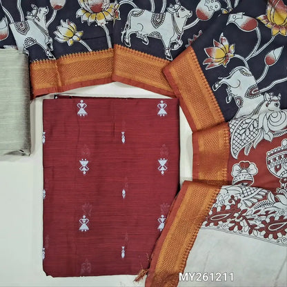 Dark maroon premium raw silk unstitched salwar material,warli,thread weaving buttas all over, (textured, Lining needed)beige silk cotton bottom, pen kalamkari chennuri silk dupatta with nizam borders (INCONSISTENT STAINS ARE NOT DEFECTS). MY261211