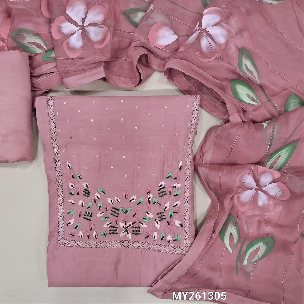 Pastel pink soft silk cotton unstitched salwar material, hand embroidered& crochet lace work on yoke(lining needed)matching silky bottom, brush painted fancy chiffon dupatta with sequins work& tapings. MY261305