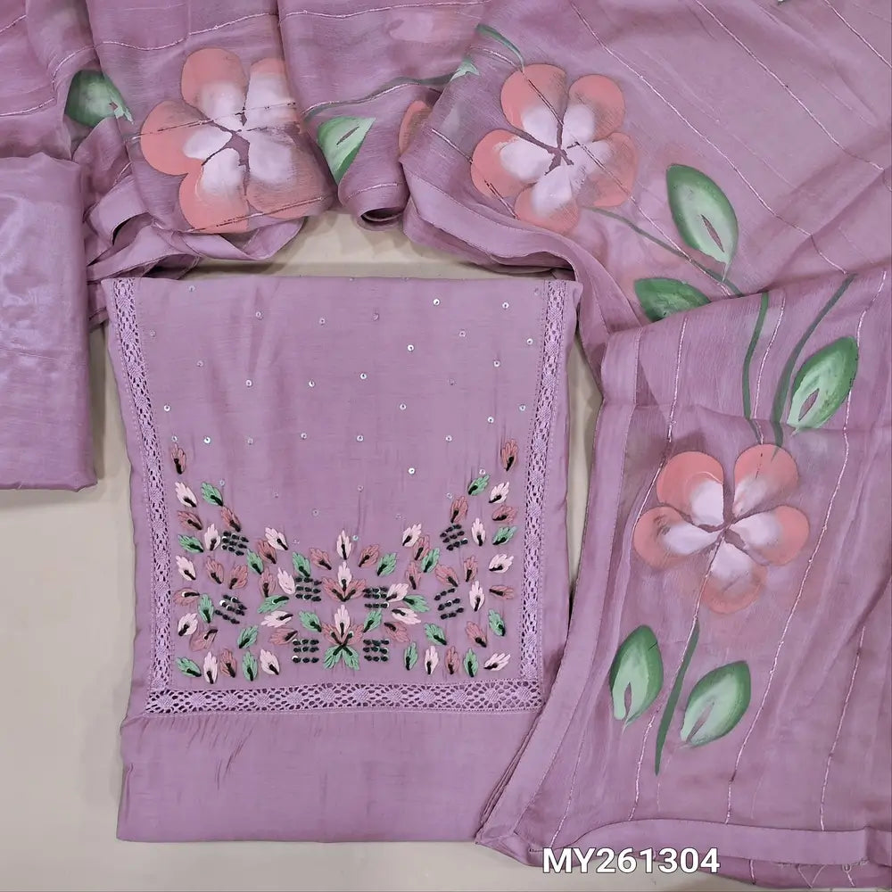 Lavender soft silk cotton unstitched salwar material, hand embroidered& crochet lace work on yoke(lining needed)matching silky bottom, brush painted fancy chiffon dupatta with sequins work& tapings. MY261304