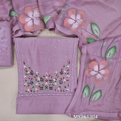 Lavender soft silk cotton unstitched salwar material, hand embroidered& crochet lace work on yoke(lining needed)matching silky bottom, brush painted fancy chiffon dupatta with sequins work& tapings. MY261304