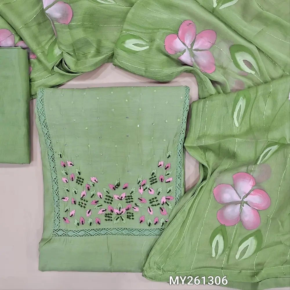 Pastel green soft silk cotton unstitched salwar material, hand embroidered& crochet lace work on yoke(lining needed)matching silky bottom, brush painted fancy chiffon dupatta with sequins work& tapings. MY261306