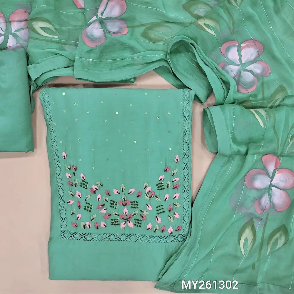 Pastel blue soft silk cotton unstitched salwar material, hand embroidered& crochet lace work on yoke(lining needed)matching silky bottom, brush painted fancy chiffon dupatta with sequins work& tapings. MY261302