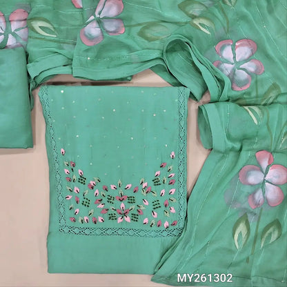 Pastel blue soft silk cotton unstitched salwar material, hand embroidered& crochet lace work on yoke(lining needed)matching silky bottom, brush painted fancy chiffon dupatta with sequins work& tapings. MY261302