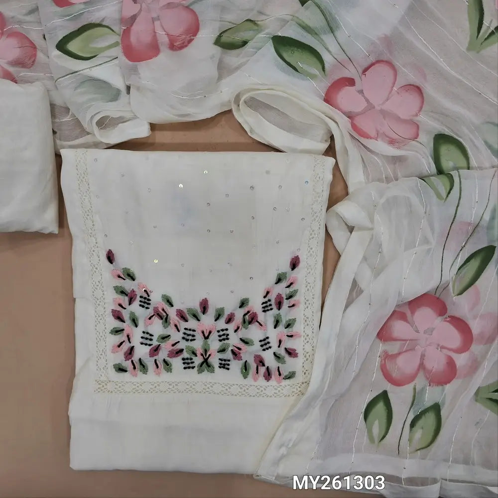 Off white soft silk cotton unstitched salwar material, hand embroidered& crochet lace work on yoke(lining needed)matching silky bottom, brush painted fancy chiffon dupatta with sequins work& tapings. MY261303