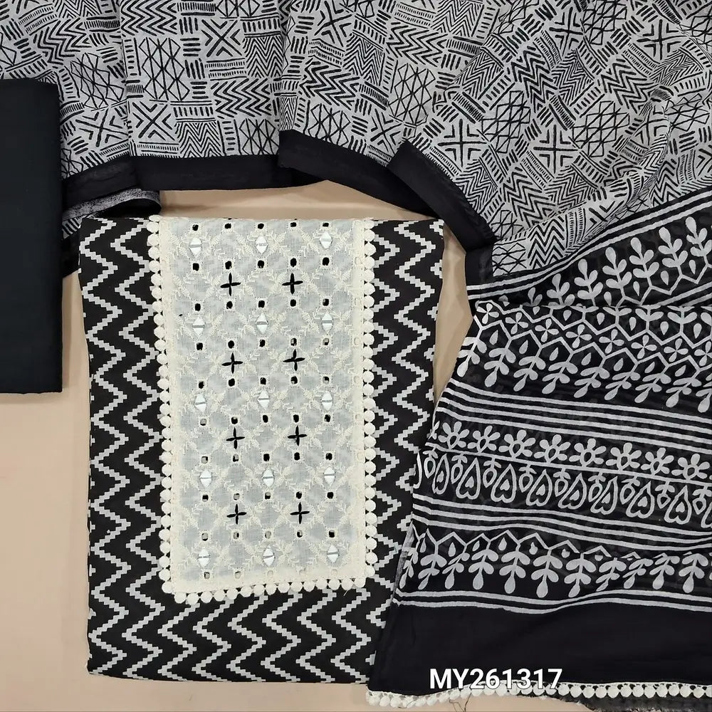 Black printed premium cotton unstitched salwar material,schiffli embroidery and real mirror work(lining optional)cotton bottom, printed premium full length mul cotton dupatta with tapping. MY261317