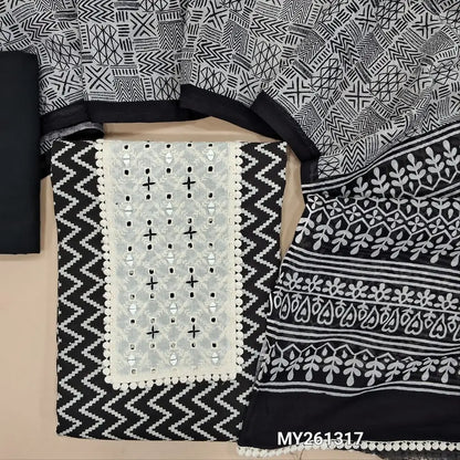 Black printed premium cotton unstitched salwar material,schiffli embroidery and real mirror work(lining optional)cotton bottom, printed premium full length mul cotton dupatta with tapping. MY261317
