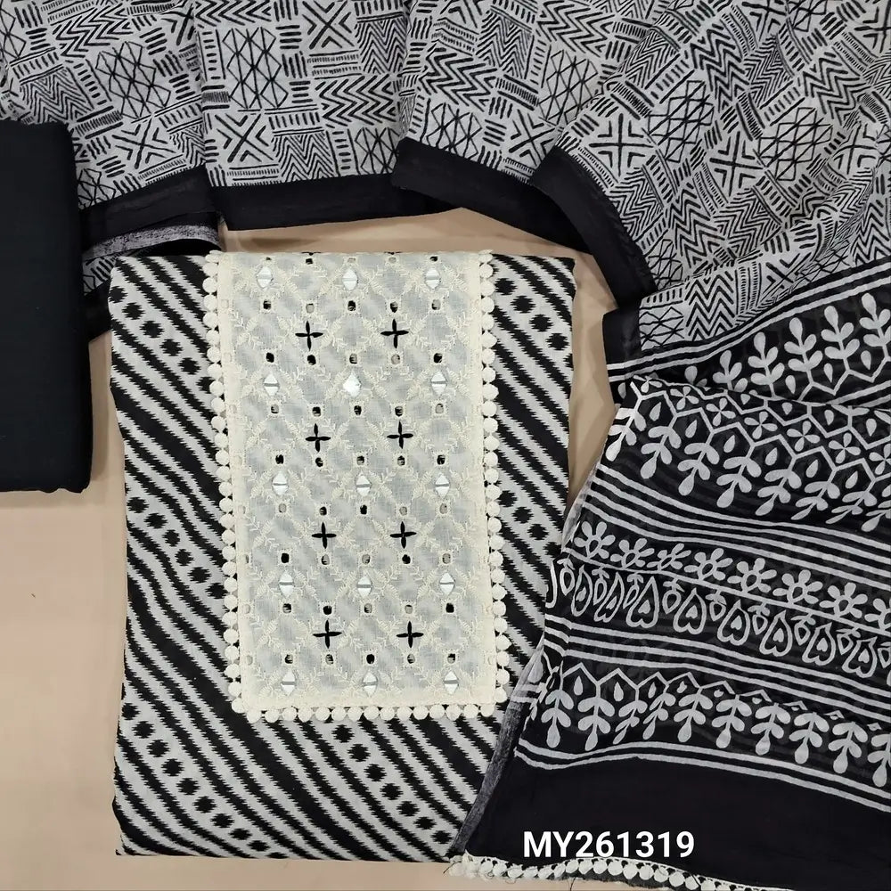 Black printed premium cotton unstitched salwar material,schiffli embroidery and real mirror work(lining optional)cotton bottom, printed premium full length mul cotton dupatta with tapping. MY261319