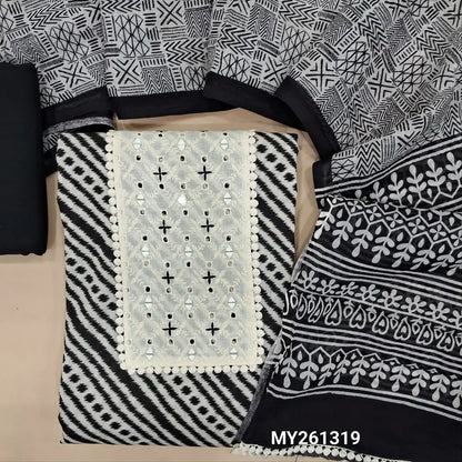 Black printed premium cotton unstitched salwar material,schiffli embroidery and real mirror work(lining optional)cotton bottom, printed premium full length mul cotton dupatta with tapping. MY261319
